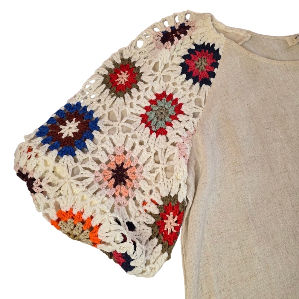 Umgee Linen Blend Boho Blouse Crochet Granny Square Puff Sleeve Women Small - Picture 2 of 9